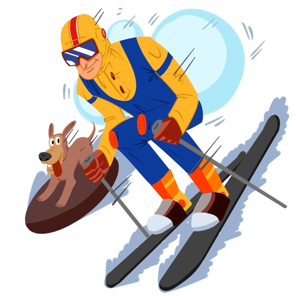 手绘滑雪的狗狗插画