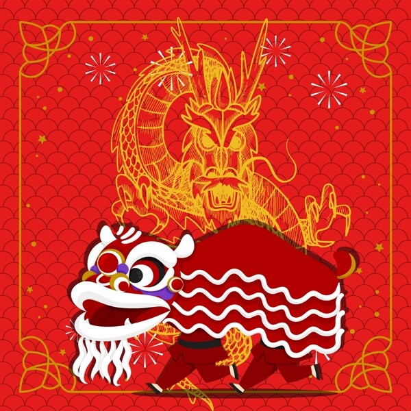 中国风龙红色舞狮子