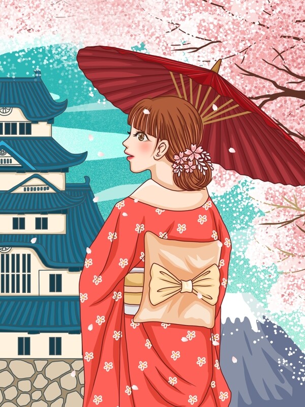 清新唯美日本樱花节和服美女插画