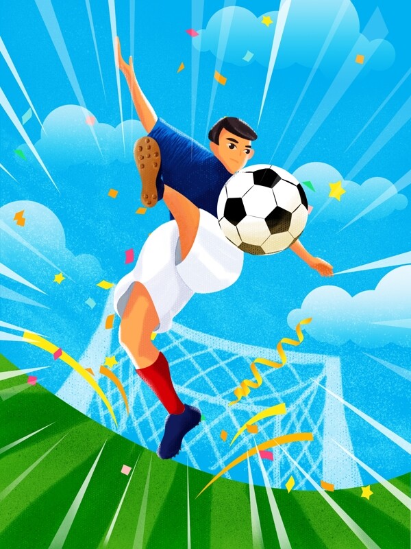 亚洲足球杯踢球粉笔插画