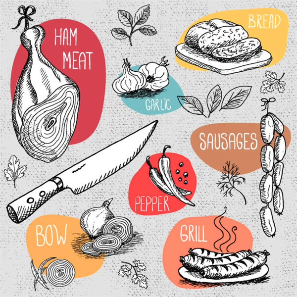 刀具与美食素描图片