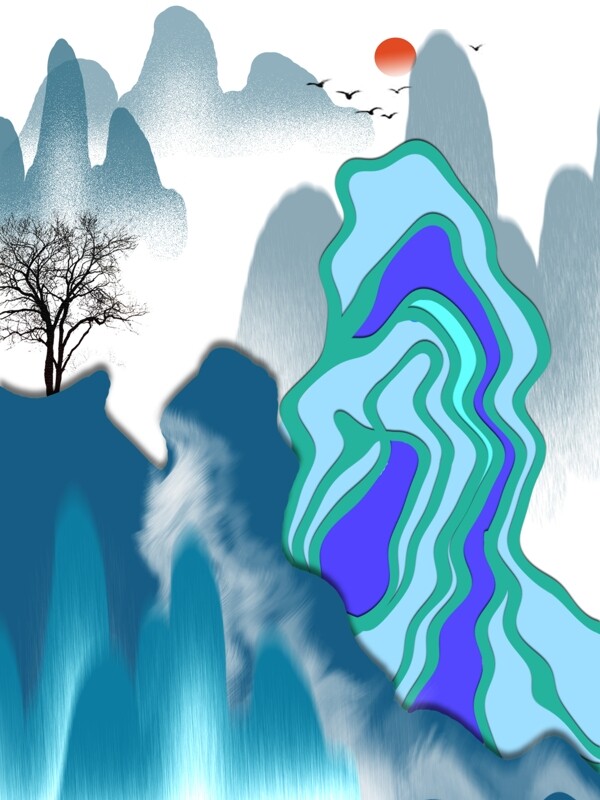 简约手绘蓝色云雾缭绕山林客厅装饰画