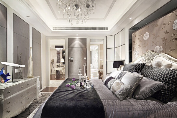 现代时尚卧室银色背景墙室内装修效果图