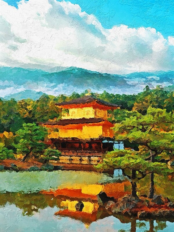 日本建筑阁楼富士山风景油画
