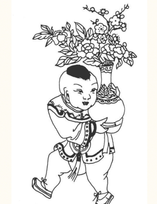 抱梅花花瓶的中国古代童子