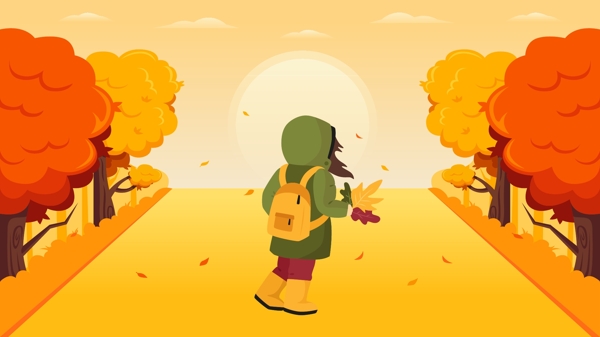 秋天你好秋天放学回家捡树叶的女孩矢量插画