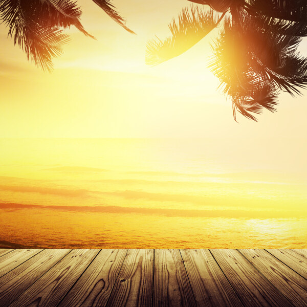 木板与阳光海边风景图片
