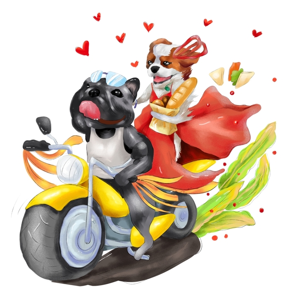 商用手绘谈恋爱的狗动物爱情光棍节摩托素材