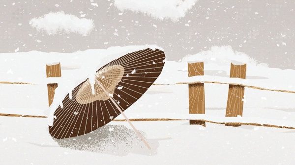 冬季雪景雪落伞上郊外场景清新插画