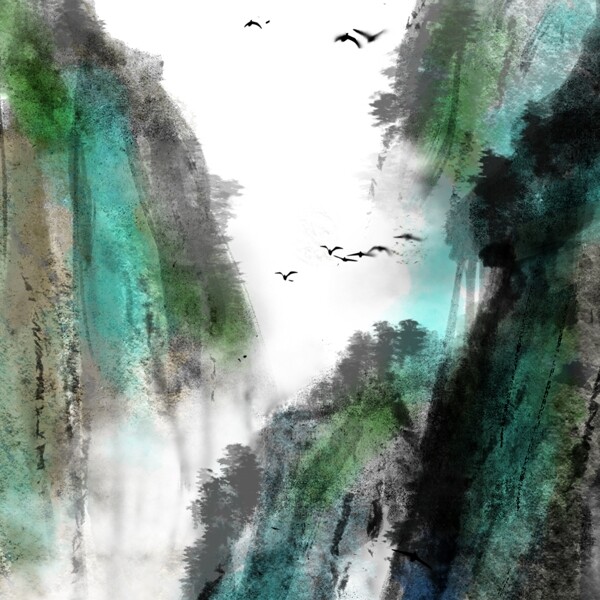 中国风水墨写意山林山水飞鸟