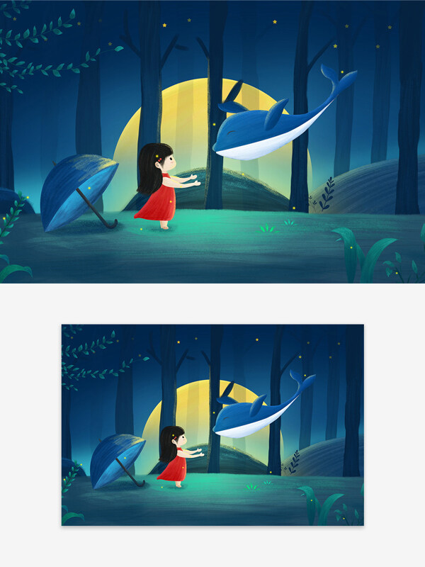 夜晚森林夢幻場景小女孩和大鯨魚插畫