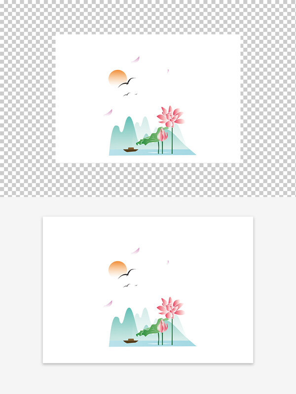 山水荷花春日風(fēng)景插畫(huà)