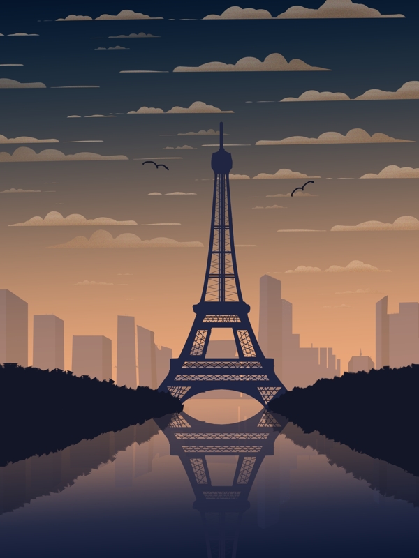 印象法国巴黎埃菲尔铁塔渐变城市风光