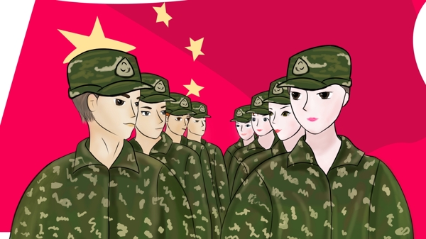 国庆节士兵男兵女兵在国旗下英姿飒爽插画