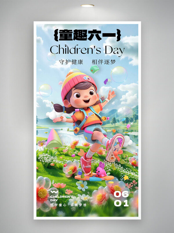 童趣六一彩色戶外背景卡通立體人物插畫兒童節(jié)海報