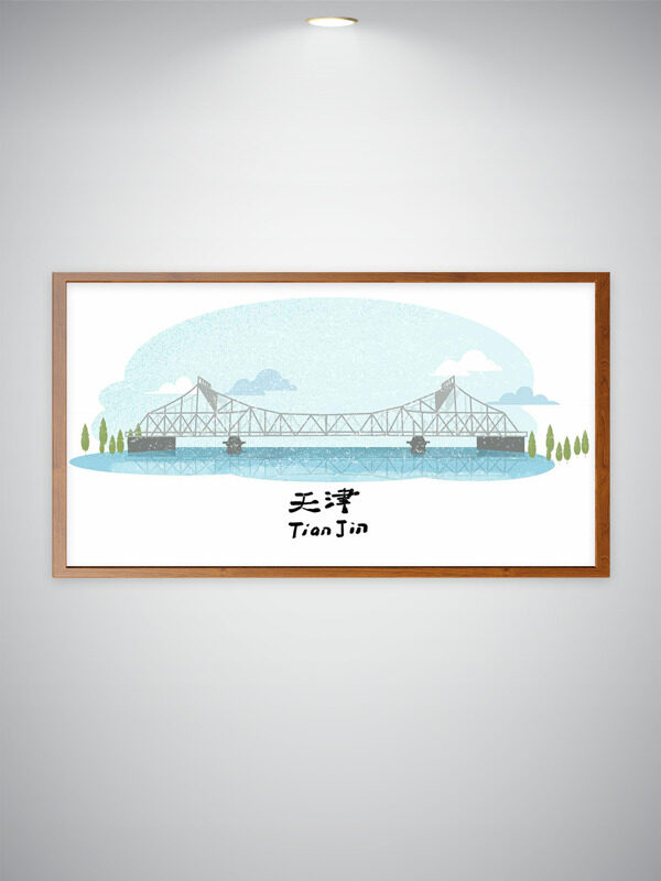 寧靜簡約風(fēng)格手繪天津橋梁與遠(yuǎn)山風(fēng)光插畫