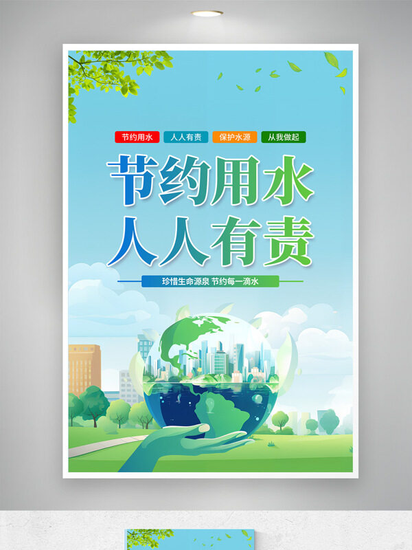 清新簡約創(chuàng)意環(huán)保插畫節(jié)約用水人人有責公益海報