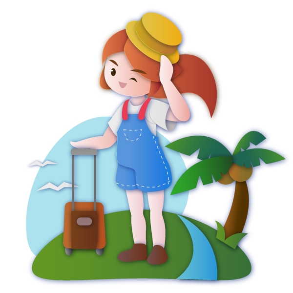 旅行女孩旅行箱海鸥椰子树矢量元素