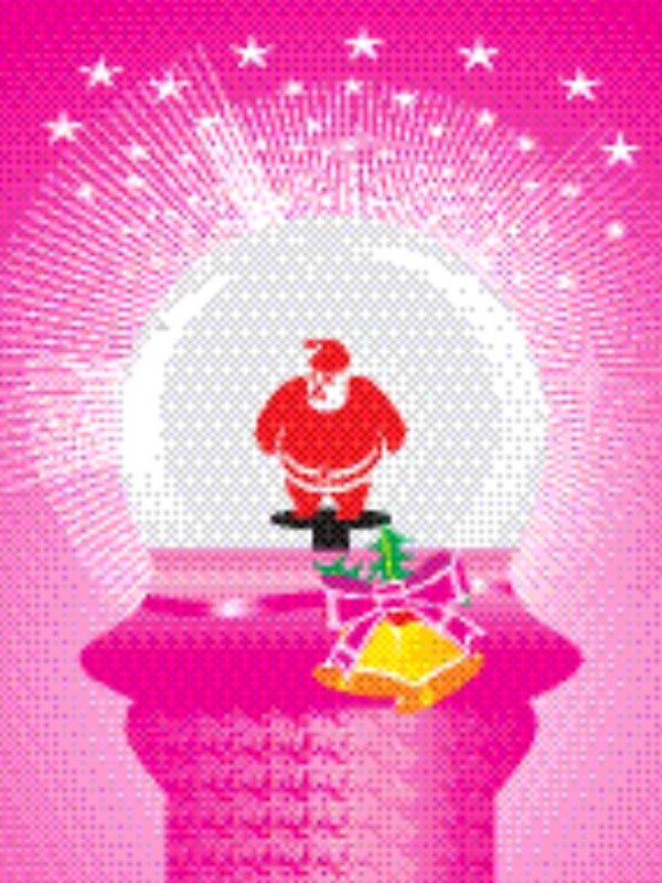 粉红色背景与闪亮的星星和圣诞老人克劳斯在玻璃球