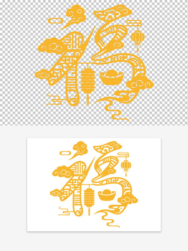 新春中國(guó)風(fēng)云紋燈籠福字剪紙圖案