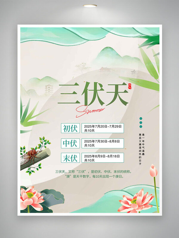 中式傳統(tǒng)手繪荷花簡(jiǎn)約創(chuàng)意三伏天時(shí)間表海報(bào)