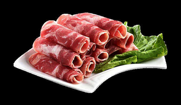 擺放整齊的精致肥牛生肉片蔬菜裝飾