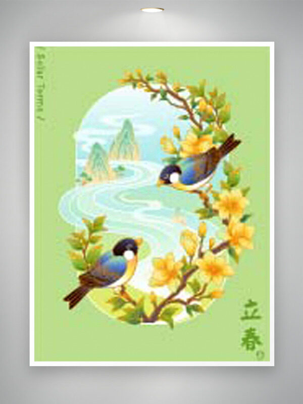草綠背景立春節(jié)氣扁平花鳥山水插畫