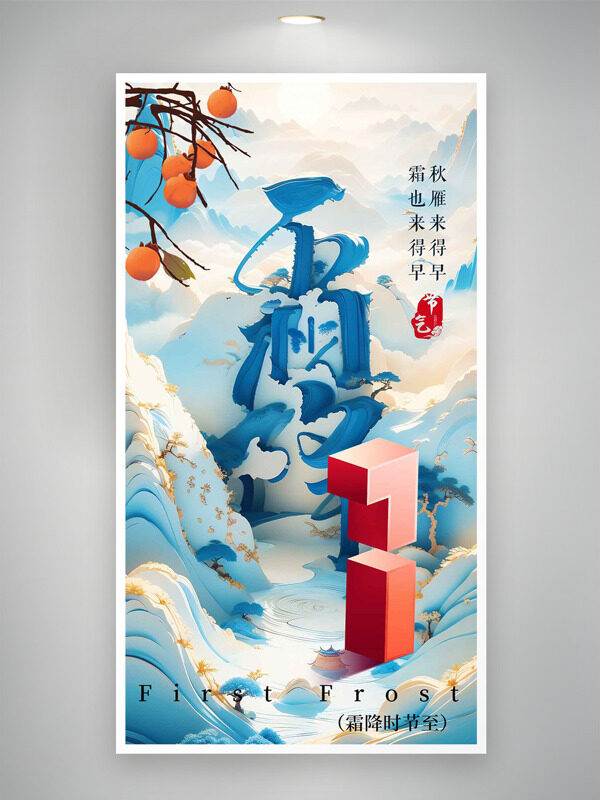 遠(yuǎn)山云霧繚繞霜降節(jié)氣國潮風(fēng)創(chuàng)意海報