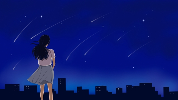 午夜在城市屋顶观看星空的少女原创插画