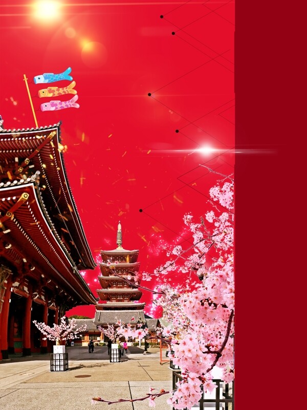 红色日本旅游海报背景设计