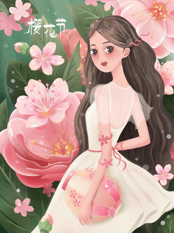 原创手绘插画日本樱花节女孩在花海