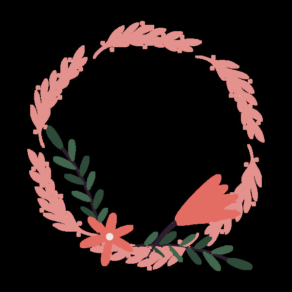 淡雅深粉色叶子手绘花环装饰元素