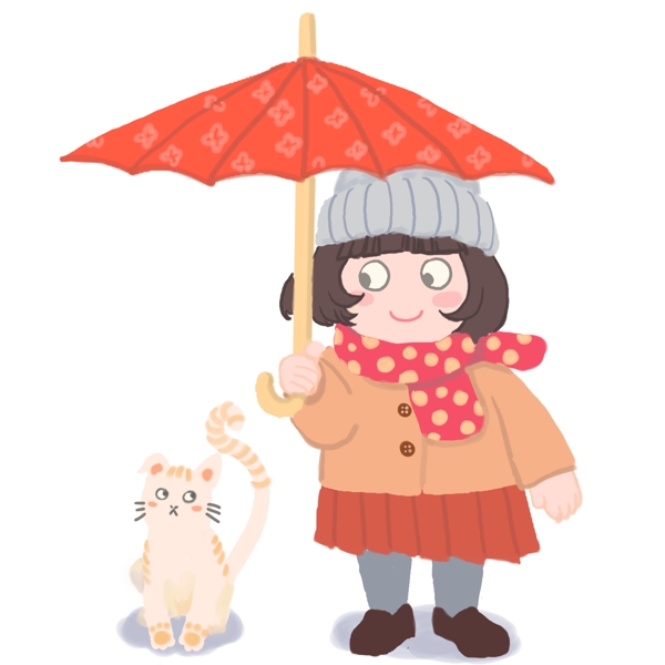 打着雨伞和小猫咪一起的小女孩红色围巾