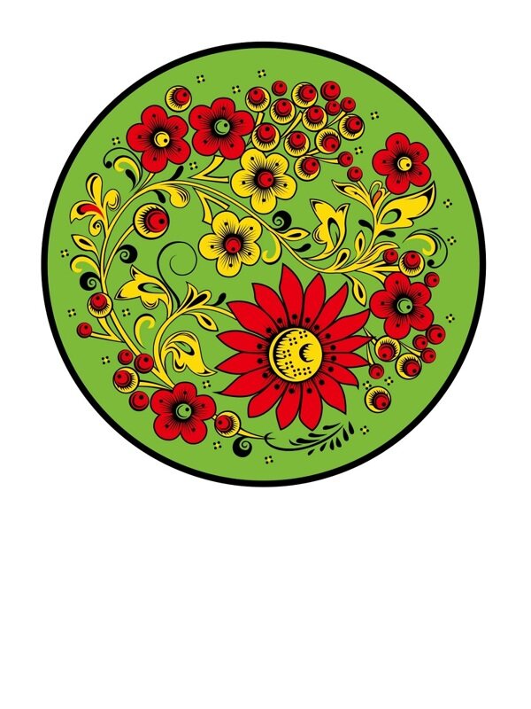 传统 欧式俄式 圆形花卉图案背景贴图 绿底黄色和红色花朵