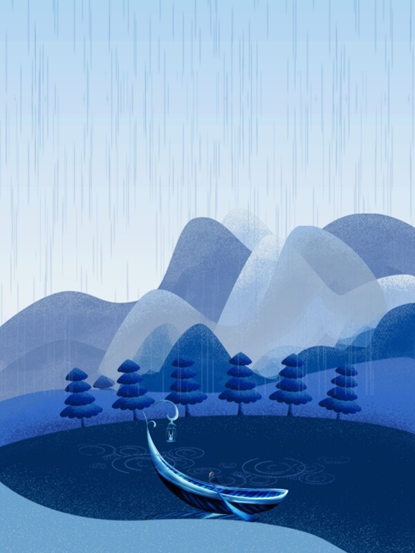 蓝色远山树林池塘下雨背景素材
