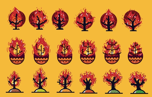 卡通红色火焰树木图标