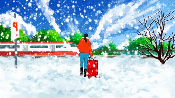 唯美清新冬季雪景创意冬日私语车站女孩插画