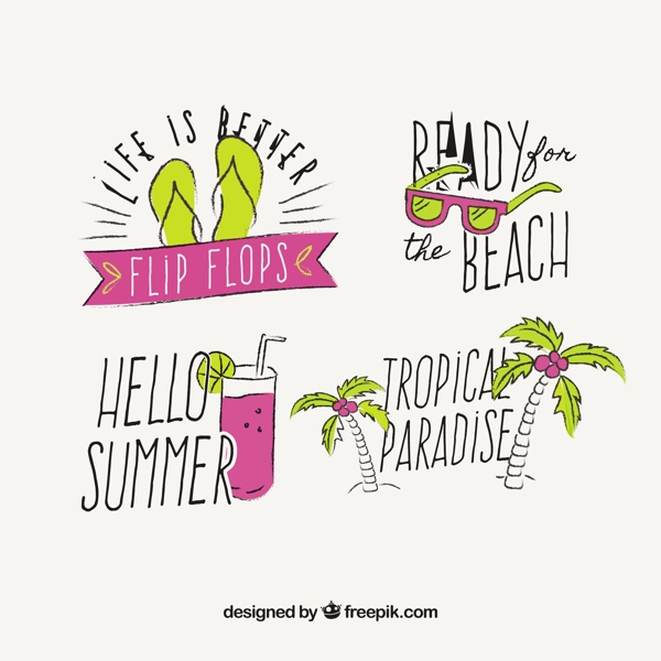 四个漂亮的夏天手绘贴纸图标