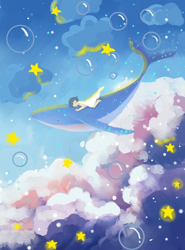 天空鲸鱼人物插画卡通海报素材图片