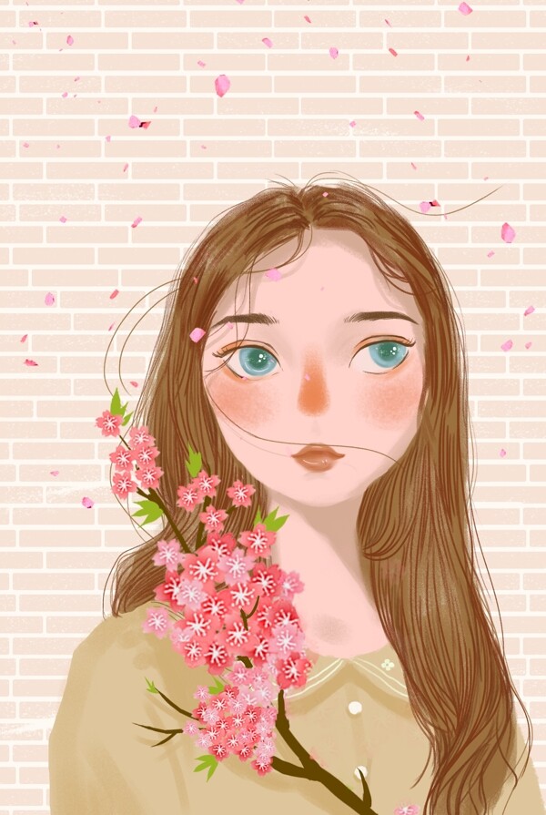 花与少女手绘插画