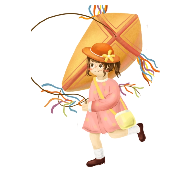 清新手绘放风筝的女孩插画人物设计