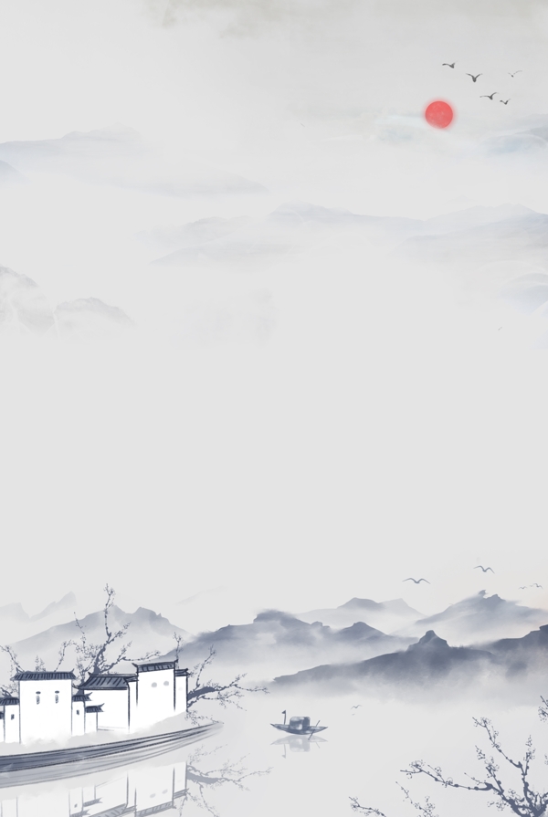 古风中国山水灰色背景