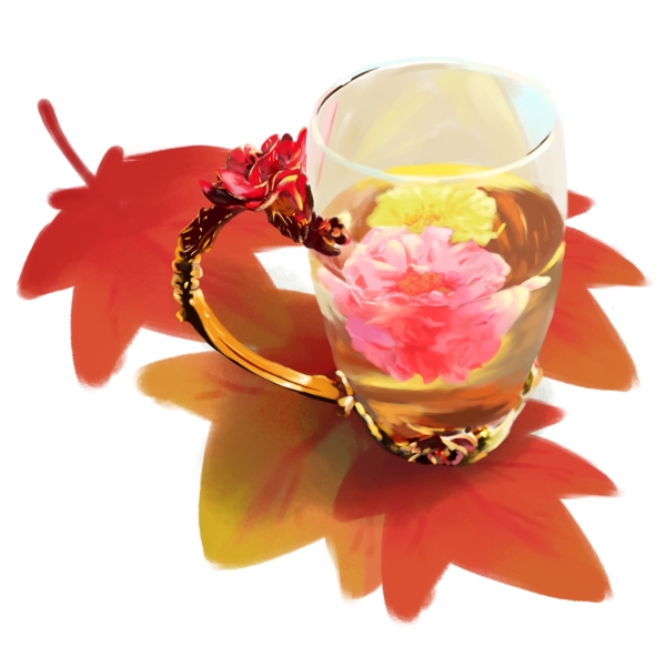 秋季养生花茶菊花茶枫叶杯子玫瑰花玻璃杯