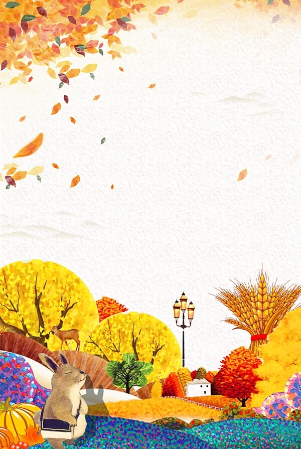 二十四节气立秋背景枫叶黄色兔子落叶稻谷