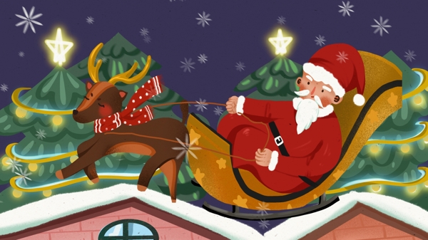 圣诞节圣诞老人驾着麋鹿送礼物温馨插画