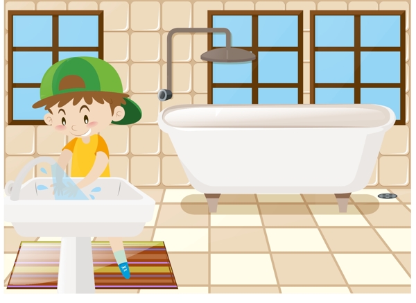 卡通儿童节在洗手的男孩