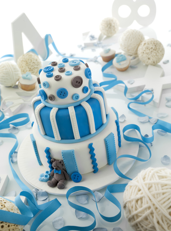 蓝色丝带婴儿生日蛋糕图片