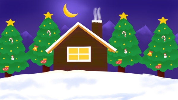 手绘夜晚圣诞树与房子背景素材