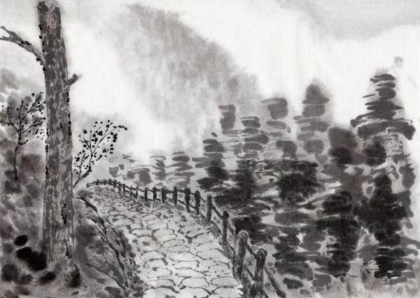 山间小路古风画