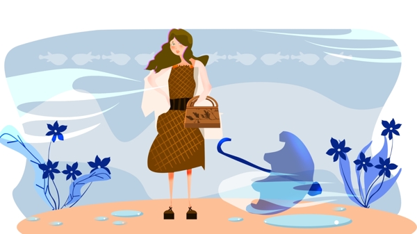 手挽包包的时尚女人蓝色花丛卡通背景